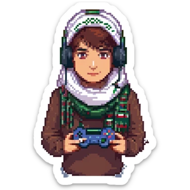 pixel art of a Palestinian gamer with a headset, holding a game controller, with a keffiyeh pattern sticker
