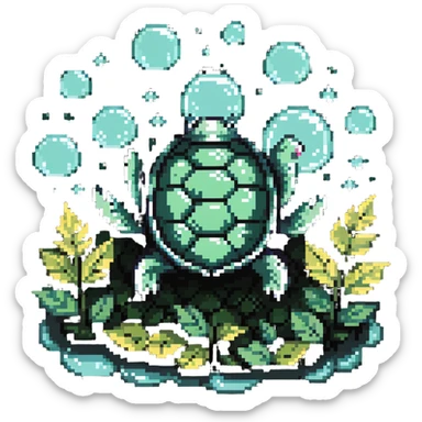 A turtle with a shell made of leaves and surrounded by floating bubbles sticker