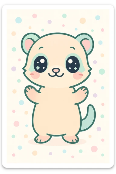 kawaii cartoon baby ferret, standing with tiny paws up, sparkly eyes, pastel palette, simple background sticker