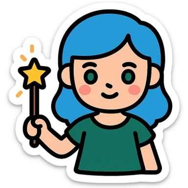beautiful girl with blue hair and green eyes, holding a magic wand, wearing a dark green dress, color icon style sticker