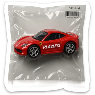 red Ferrari Hot Wheels car in packaging, 'PLAVLEYS' in italic racing font on the side, glossy and puffy vacuum-sealed style sticker