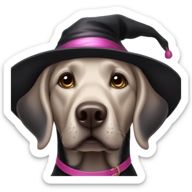 Black Labrador wearing black and pink witch hat sticker
