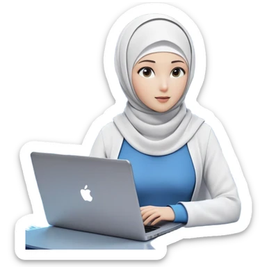 computer engineer with white hijab wearing blue outfit, with her metaverse creation coming to life around her, digital elements and code escaping from the screen behind her, virtual objects and holograms materializing in 3D space around her, laptop in front of her, her digital world extending beyond the screen into reality sticker