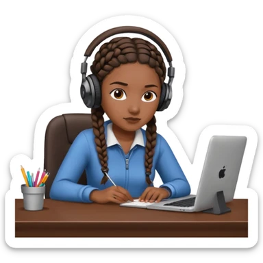 realistic dark brown skinned female with braids sitting at a desk with headphones on sticker