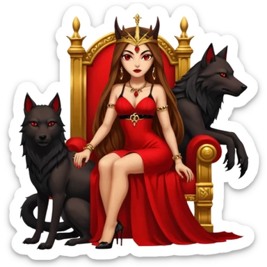 Caramel skin toned Lilith symbol seductress evil brown straight long hair haired, sexy succubus woman with red and black Chanel dress sitting on a Black and gold throne. A large black wolf laying beside he sticker