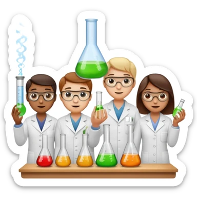 Five chemists: one organic chemist, on physical chemist, one inorganic chemist, one technical chemist and on theoretical chemist – each one with a typical item for their field sticker