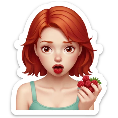 redhead girl with a displeased face eating raspberries sticker