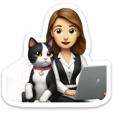  woman with brown hair sitting on the couch laptop on her lap next to small black and white tuxedo cat sticker