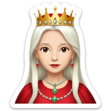 Queen with long white hair – jeweled golden crown, red dress. sticker