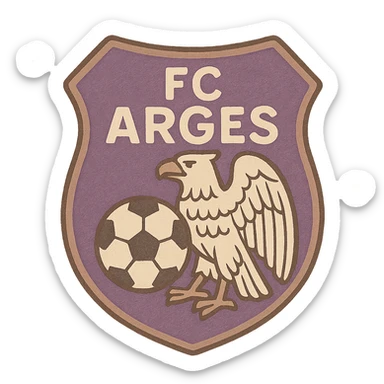 FC Arges logo, classic Romanian football crest, purple and white colors, eagle and soccer ball, traditional badge style sticker