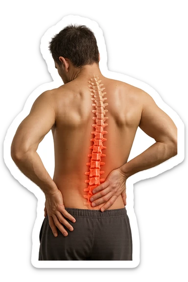 uomo con spina dorsale anatomica visibile che si massaggia la schiena perché gli fa male, iperrealistico 4k sticker