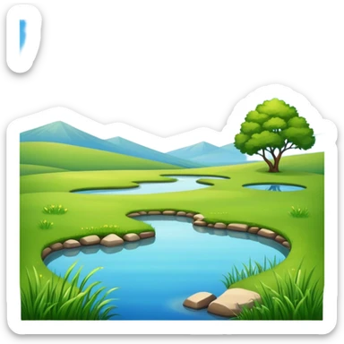 sunny landscape with green grass, blue sky, and a small pond sticker