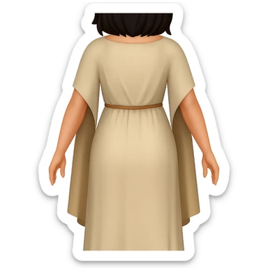 Create a back view, fullbody emoji style character with the same style and proportions as the reference image. The character should wear a plain light tan dress, have dark hair, arms slightly away from body, and a transparent background. sticker