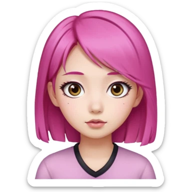 An Asian girl with Fashion pink hair, big eyes, thick eyebrows, and long eyelashes;  sticker