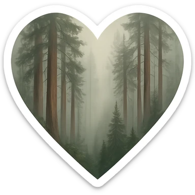 heart with a misty redwood forest, clean digital illustration, no background sticker