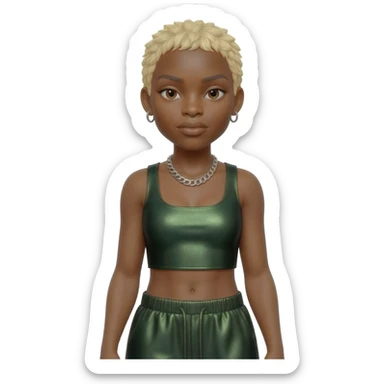 Cynthia Erivo with blonde short hair, dark green metallic crop top, dark green metallic baggy pants, silver necklace sticker