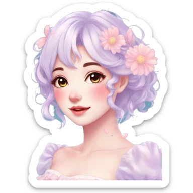 Gorgeous pastel anime style lady with blushing face and flowers cottagecore fairycore pastelcore colorful pearly romantic simplistic aesthetic trending style sticker