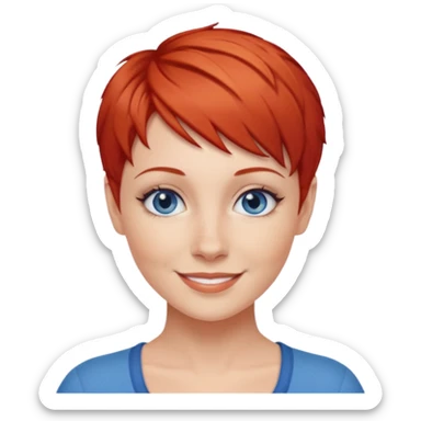 27 year old white woman, red hair, pixie cut, blue eyes sticker