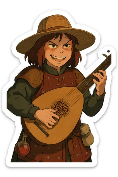 A female bard wearing brigandine armor with a sturdy straw hat, playing a fat medieval lute and singing, night time shadows, tool belt with red potion and bandages, portrait , mischievous grin, anger sticker