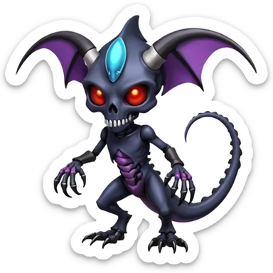Shiny Horned Futuristic Badass Demonic Spectral Dusky Spooky Skull-faced Cool Hot Stylish Handsome Alien-Salandit-Darkrai-Genesect-Fakémon-fusion (full body) sticker