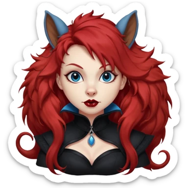  long super curly blood red hair (darker), red pointed squirrel ears with black trim, black goth outfits, body and face human, blue eyes, more pointy chin, black lipstick, one big fluffy red squirrel tail with black tips, close her mouth, less evil looking sticker