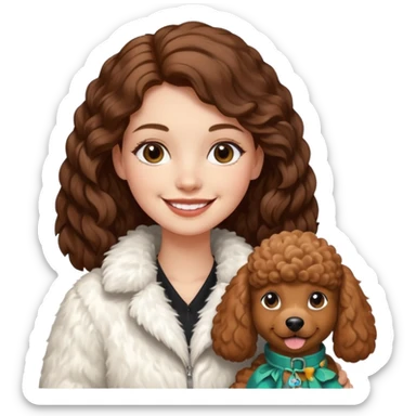 A white girl smiles a broad smile. She parts a long brown hair in middle. and she wears a white fur jacket. She also holds a brown poodle. sticker