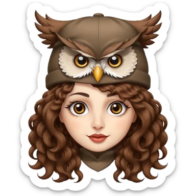portrait woman long curly brown hair brown eyes white skin tattoos wearing owl hat oversized, playful wink sticker