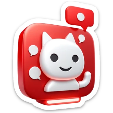 A sleek 3D icon of an AI assistant with glowing red elements, chat bubbles, and subtle YouTube play button integration, white background, modern tech style sticker