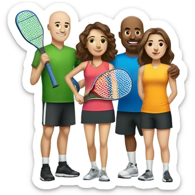 4 Caucasian people playing pickleball with 1 tall bald male, 1 shorter brown hair male, 1 girl with long brown hair, 1 girl  with brown hair sticker