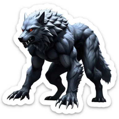cinematic-noble-fierce-werewolf-full body on all fours-emoji, poised-and-imposing, with a tall, lean, and muscular wolfish frame inspired by the brutal, imposing shape of the beast from Berserk, fur rippling in shades of midnight black and silver, massive paws with razor-sharp claws, elongated limbs and fangs, eyes glowing with an intense, primal ferocity, reflecting the untamed power of the wild moonlit night; rendered with realism like a wolf hunched over battle ready pose ready to attack sticker