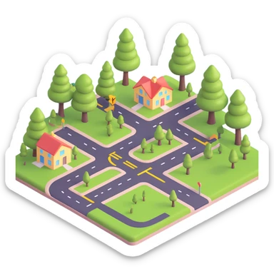 English learning material: 3D emoji style illustration of common places in town, labeled, with a road and trees sticker