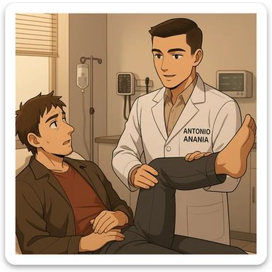 fai un webtoon manga a colori con questo stile, in cui un uomo è steso sul lettino medico e il kinesiologo con il camice bianco (fagli anche la scritta "ANTONIO ANANIA" SUL CAMICE, gli solleva una gamba per fargli il test neuromuscolare, IL KINESIOLOGO SPIEGA ALL'UOMO UNA cosa mentre gli alza la gamba. non fare i fumetti però, fai solo in modo che sembri stiano parlando sticker