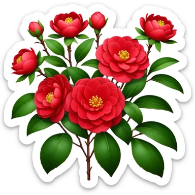 bouquet Red Camellia, luxuriant, stem, leaf sticker
