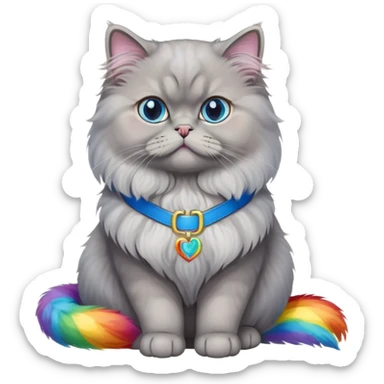 gray Persian cat full body sitting with blue eyes and rainbow belt sticker