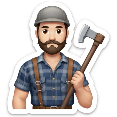 Брутальный, сильный канадский лесоруб с большим топором в руках. У него слегка удлиненные темные волосы, зачесанные назад и щетина. На голове кепка. Носит расстегнутую клетчатую рубашку и серую футболку под ней sticker