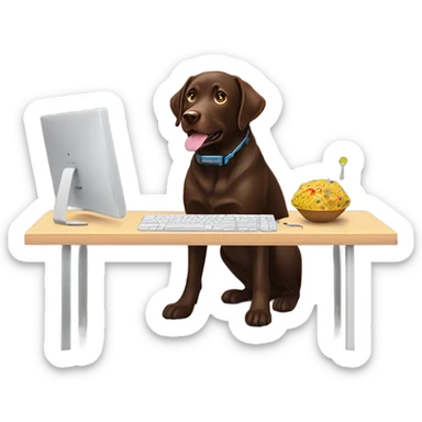 Chocolate lab working on computer with small headset , food on desk sticker