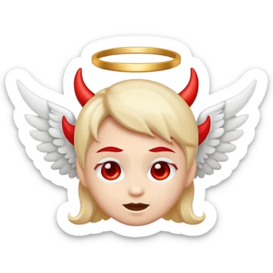 cute emoji half angel with halo and white wing, half devil with horn and red wing merged into one face sticker