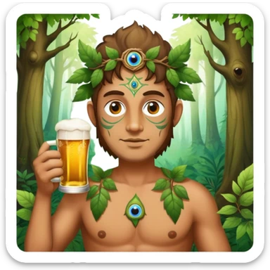 Magical forest nymph man drinking beer with third eye sticker