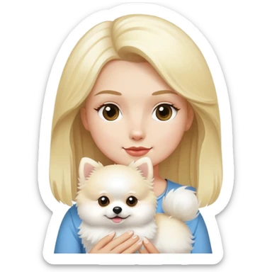 A blonde woman holding a white Pomeranian sticker