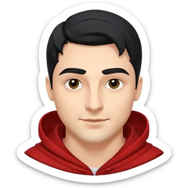 A handsome man with fair complexion. masculine, roman, slightly crooked nose. Thick triangular eyebrows. Hooded eyes and black pupils.  smily lips with a heavy top lid.  thick black hair  80/20 part with an undercut.  sticker