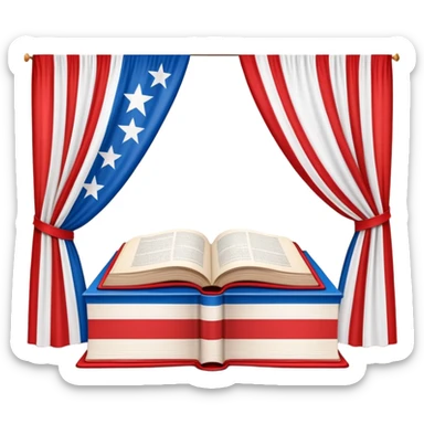 Book of theatrical set design with cover designed like the Puerto Rican flag, red and blue stripes with white star, theater curtains visible on pages sticker