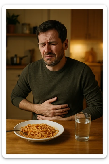 a man sits at a dining table, looking uncomfortable and holding his stomach after eating a plate of pasta. His expression shows mild pain or bloating. On the table, there’s a half-eaten plate of spaghetti, and a glass of water. The background is a cozy kitchen, but the focus is on the man’s discomfort.
 sticker