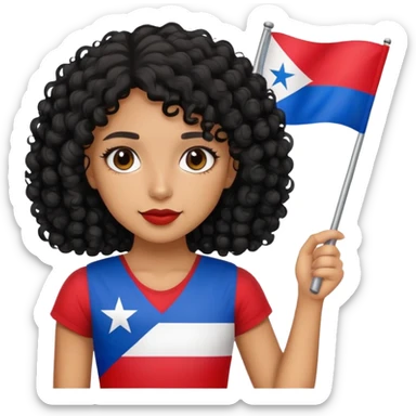 Tan skin girl with black curly hair holding a Puerto Rican flag sticker