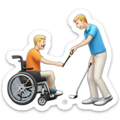 A man playing golf with a disable guy as a ball sticker