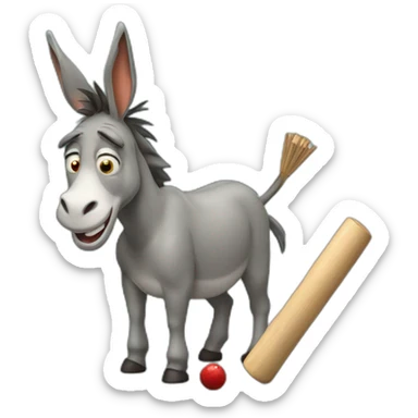 A donkey crying beside a cricket bat sticker