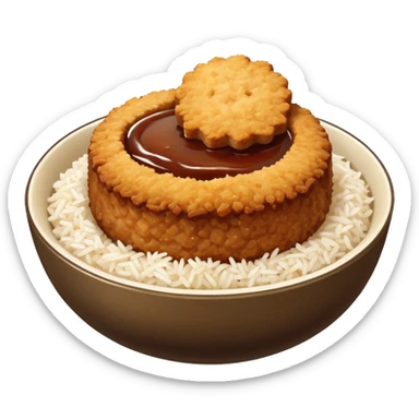 bowl filled with rice, a bit of brown sauce over the rice and a breaded pork cutlet over it sticker