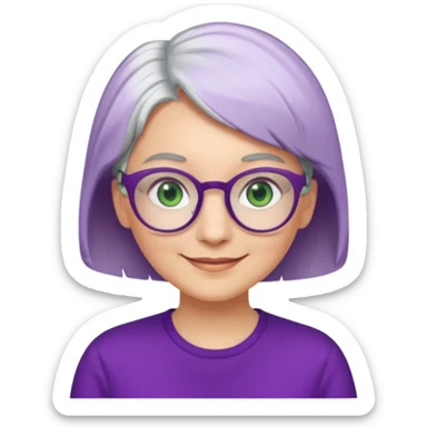 visage femme a lunettes ronde avec cheveux courts gris-blancs aux yeux verts qui souris habillé en violet sticker