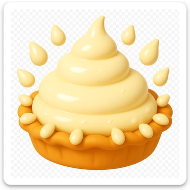 Frame 11 of 15: Cream pie with ten cream droplets, playful 3D emoji style, golden brown crust, same angle as reference sticker