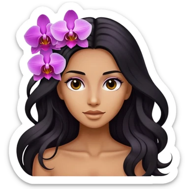 Upclose, black long hair tanned woman, orchid flowers in hair  sticker