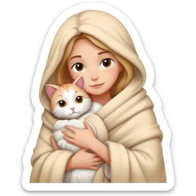 A woman wrapped in a blanket hugs a cat sticker